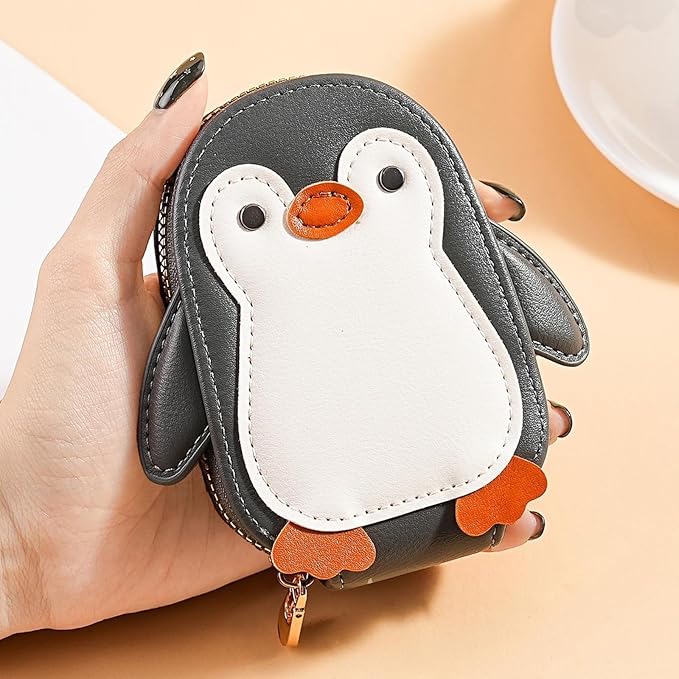 NovelCute Cartoon Penguin-shaped Coin Purse PU Leather Accordion Card Holder Large Capacity Zippered Money and Card Organizer Portable Mini Coin Purse Key Pouch(grey)