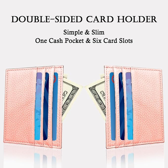 WOXVM Credit Card Holder Wallet RFID Blocking Slim Credit Card Cases Holder Premium Leather Minimalist Front Pocket Small Wallet with 6 Card Slots and 1 Pockets for Men Women (Pink)