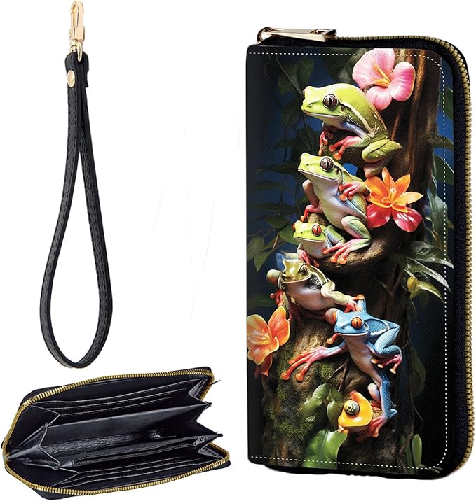 Zip Around Wallets for Women with Detachable Wrist Strap, Large Capacity RFID Blocking Leather Purse Organizer Card Holder Wristlet,Frog Tree Flower