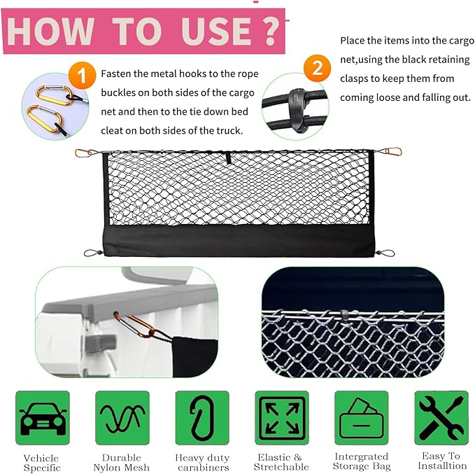 Envelope Style Cargo Net Compatible with Toyota Tacoma 2004-2025, Highly Elastic Truck Bed Cargo Net for Tacoma Accessories, Heavy Duty Carabiners -Storage Bag