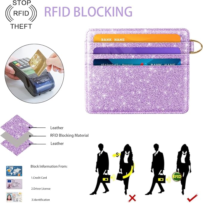 Slim Minimalist Front Pocket RFID Blocking Credit Card Holder Small Wallet Cute Card Cases for Women,Glitter Purple