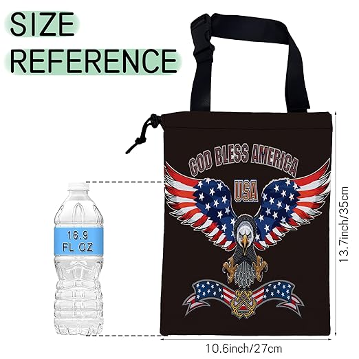 Bald Eagle Car Trash Bag,American Flag Hanging Drawstring Car Garbage Bag, Waterproof Canvas Car Back Seat Organizer with Adjustable Buckle, for Vehicles, SUVs, Camping, Road Trips