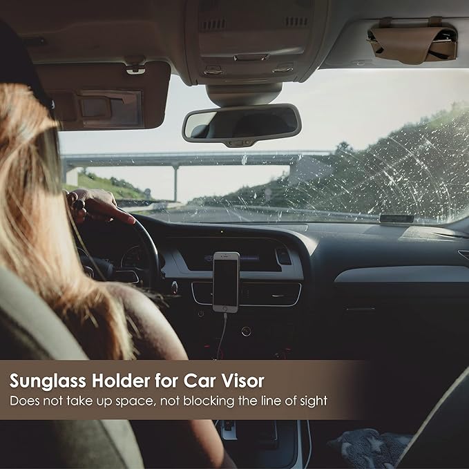 Magnetic Sunglass Holder for Car Visor Clip, Leather Car Glasses Holder, Visor Accessories Eyeglasses Holder Glasses Storage Case (02-Khaki)