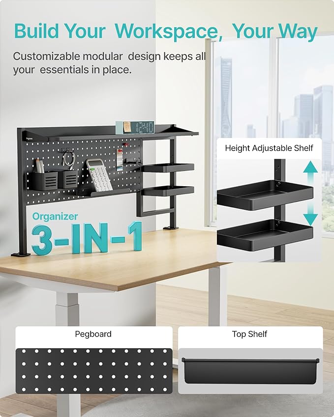 PEGZONE Clamp on Desk Shelf, 44" Desktop Shelving System with Pegboard and Accessories, Desktop Organizer with 2-Tier Shelf, Desk Pegboard for Office Home Gaming, Black