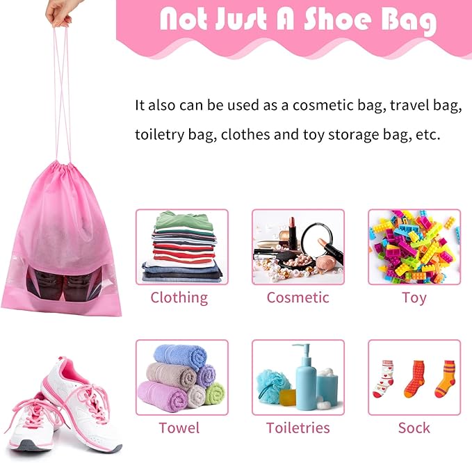 Pink Travel Shoe Bags - 5 Pcs Non-Woven Drawstring Packing Bags with Clear Window (15.7" x 11.8")