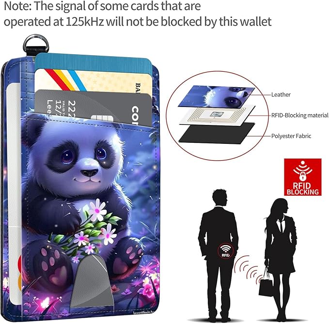 Slim RFID Blocking Card Holder Wallet with Wrist Strap - Minimalist Front Pocket Wallet, Lovely Panda Design, PU Leathe, for Men & Women, Ideal for Travel & Gifts