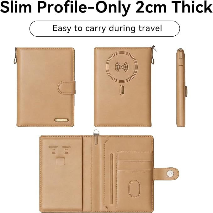Passport Holder for Travel, Apple MFi Certified Smart Passport Cover Works with Find My, Rechargeable Travel Wallet with Lanyard, RFID Blocking Card Case, PU Leather, Brown