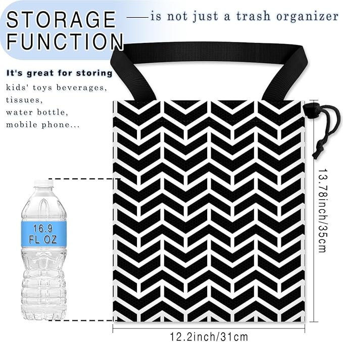 Car Trash Bag Hanging Back of Seat Waterproof Small Cute Printed One-Handed Strap Drawstring Garbage Bags for Car-Black White