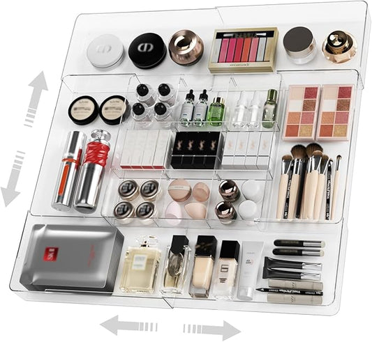 Expandable Drawer Organizer, Width (10.6"-20.1") Depth (11"-20.1"), Clear Makeup Drawer Organizer with 6 Removable Dividers, Silverware Organizer, Great for kitchen and Bathroom Drawers