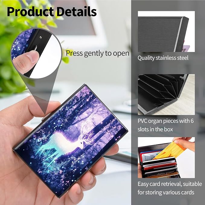 Metal Wallet for Women Men Girls, RFID Blocking Slim Aluminum Credit Card Holder, Mini Travel Wallet with Hard Shell, Lightweight ID & Business Card Case,Elk Deer Forest