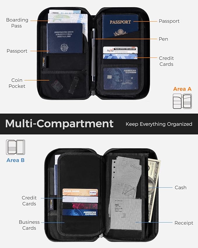 pack all Travel Passport Holder with RFID Blocker, Water-Resistant Passport Wallet with Wrist Strap, Multiple Family Airplane Document Organizer for Cards, Boarding Pass, ID, Cash, Tickets