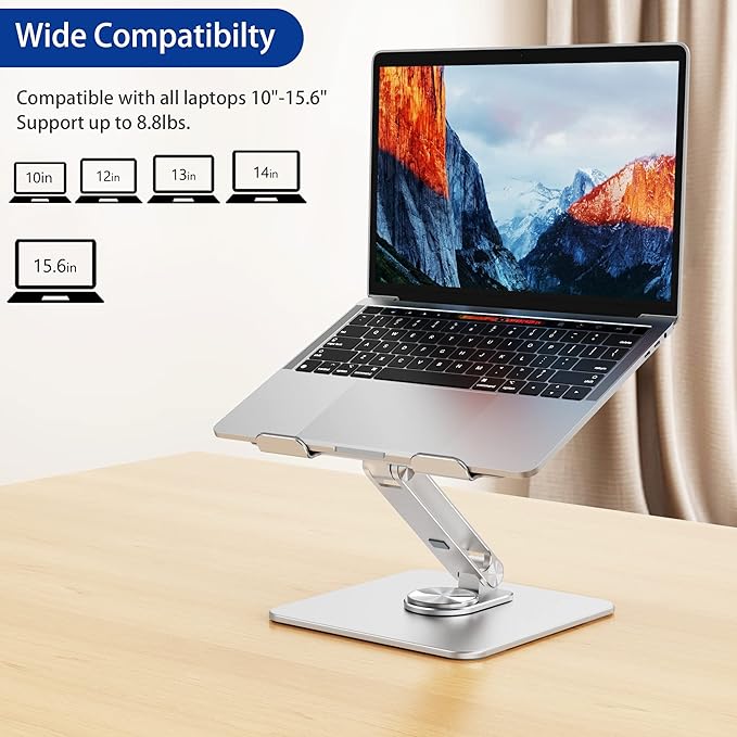 BESIGN LSX7 Laptop Stand with 360 Rotating Base, Ergonomic Adjustable Notebook Riser, Foldable Computer Holder Compatible with 10-15.6" Laptops (Silver)