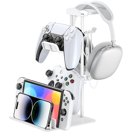 KDD Headphone Stand, Controller Holder & Headset Holder for Desk, Earphone Stand with Aluminum Supporting Bar, Universal Storage Organizer Headphones/Controller/Switch/Mobile Phone(White)
