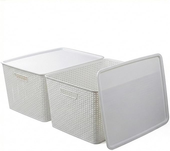 BINO | Plastic Storage Baskets with Lids, 45 Liter - 3 Pack, White | THE WOVEN COLLECTION | Storage Basket for Shelves | Woven Storage Baskets for Organizing Bins Pantry Shelf Organizer Container Bin