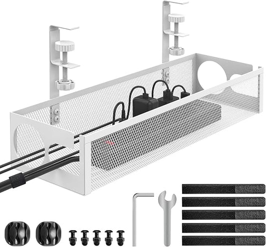 Under Desk Cable Management Tray No Drill 15.1’’, Metal Mesh Cable Management Box with Hybrid Side Slots & Reinforced Basket,Adjustable Cable Tray with Wire Management for Office Home,1 Pack (White)