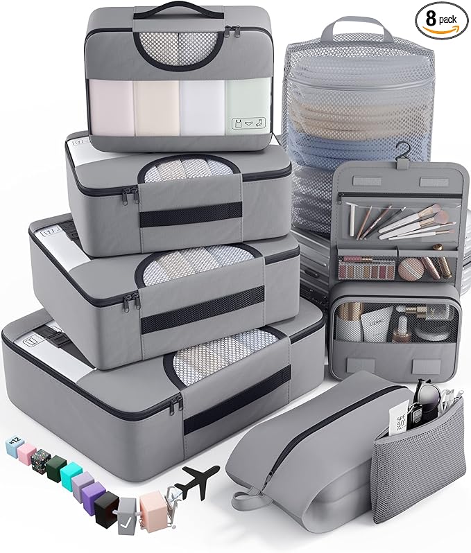 Veken 8 Set Packing Cubes for Travel Essentials, Suitcase Organizer Bags in 4 Sizes, Carry-On Luggage Accessories with Large Laundry & Hanging Toiletry Bag, Must-Have for Airplane, Road Trip & Camping