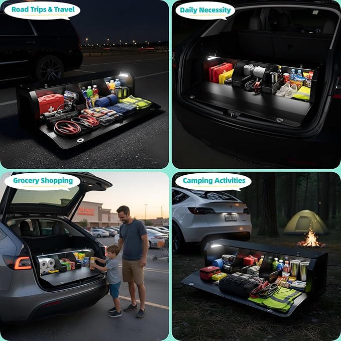 Car Trunk Organizer with LED Light, SUV Organizer Trunk Storage, Leather Callapsible Storage Box, Waterproof Car Organizers and Storage Powered by 4 AA Batteries(Batteries Not Included)