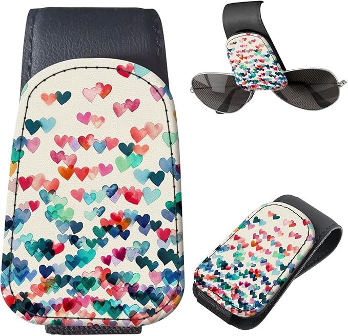 Sunglasses Holder for Car Visor, PU Leather Glasses Clip Organizer, Cute Magnetic Eyeglass Holder for Vehicle Sun Visor, Car Interior Accessory for Women & Men Rainbow Raining Hearts
