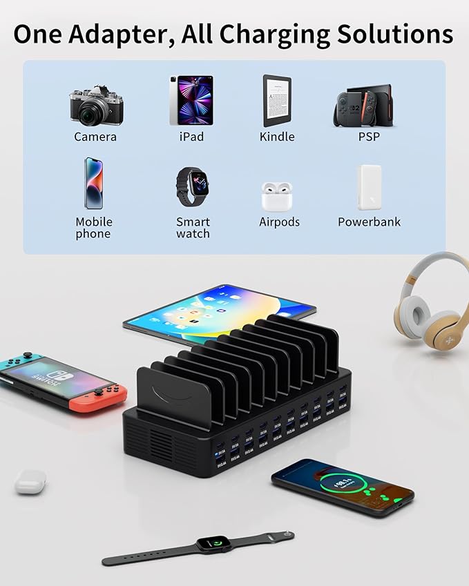 270W Charging Station for Multiple Devices, 20-Port USB Fast Charging Station with Adjustable Dividers & 10 Cables, Multi Device Organizer Charging Dock for iPhone, iPad, Tablets & More(Black)