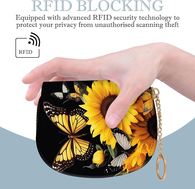 Women's Slim RFID Wallet – Compact Leather Card Holder Wallet for Women, 9 Card Slots RFID Blocking Credit Card Organizer, Small Travel Wallet - Sunflower Butterfly