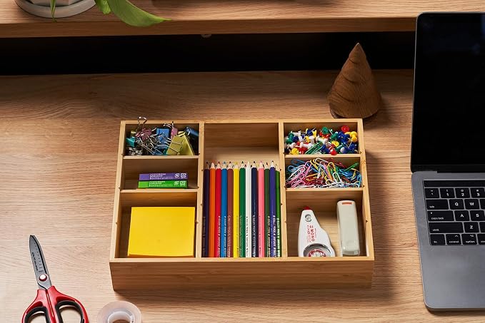 Umilife Bamboo Desk Drawer Organizer, Wood Junk Organizer Tray with Adjustable Dividers, Anti-Skip Storage Organization in Office Bathroom Drawer for Vanity, Makeup, 12" x 9"