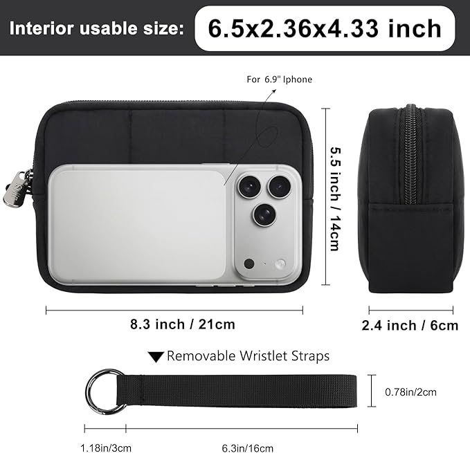 Small Zipper Puffer Makeup Bag for Wristlet Wallets, Quilted Nylon Cosmetic Pouch Organizer Toiletry Bag for Travel, Cute Make Up Bags Purse for Women Girl, Black