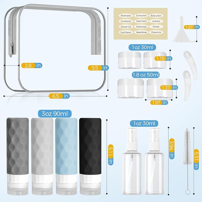 Silevoler 16pack Travel Bottles for Toiletries, TSA Approved Travel Size Containers Set, Leak Proof Refillable Liquid & Creams Toiletries Accessories Kit W/Toiletry Bag (Gray)