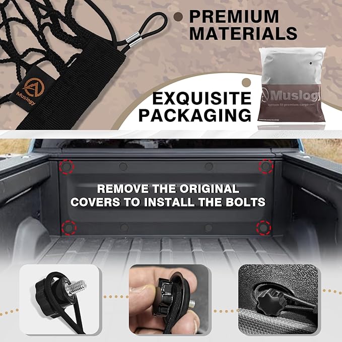Muslogy Truck Bed Cargo Net Trunk Netting Compatible with Rivian R1T 2026 2025 2024 2023 2022 Accessories, Pickup Cargo Organizer SUV Sedan Storage Net w/Heavy Duty Carabiners