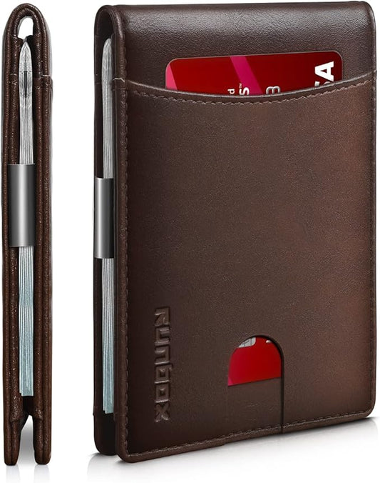 RUNBOX Slim Money Clip Wallets for Men RFID Blocking 11 Card Holder Minimalist Small Leather Bifold Men's Front Pocket Wallet Gift Box