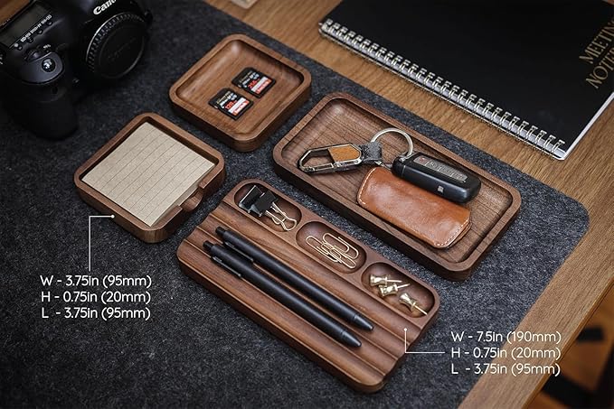 MUUJEE Engraved Wooden Desk Organization 4 Piece Set - for Desk Accessories Work Professional Office Teacher Dad Wood Tray Rustic Minimalist Organizer Pens Pencils Sticky Notes