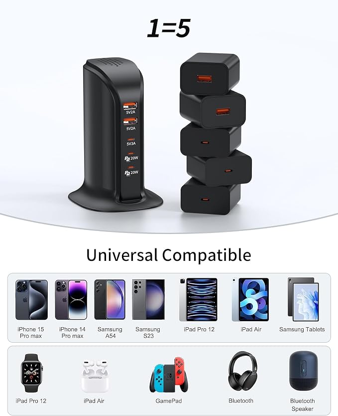 Charging Station for Multiple Devices: 5 USB Ports Wall Charger Block with Extension Cord, PD 20W Fast Charging Hub Charger Tower for iPhone iPad Tablets Smartphones, Home Office Use (Black)