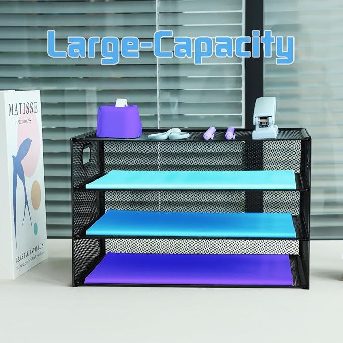 3 Tier Desk Organiser with Handle, Pull-Out Mesh File Organizer for Letter Tray Organizer Mesh Desk Organiser Tray Paper Storage Rack for A4 File Office Supplie, Black