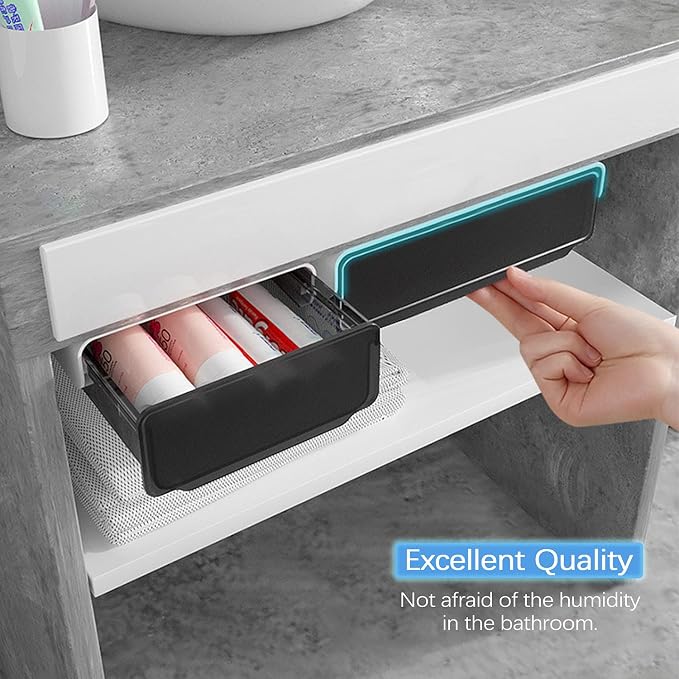 OSPNIEEK Self-adhesive Under Desk Drawer Organizer, 2 Pack Table Hidden Slide Out Large Storage Mounted Desktop Pencil Holder Tray Drawers for Office Home School Stationery Kitchen (Black)