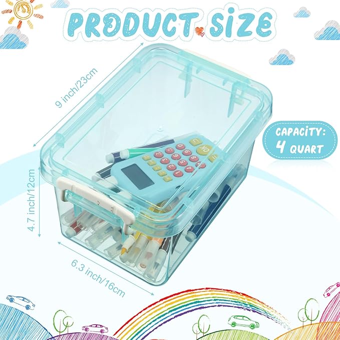 Wenqik 6 Pack Colorful Plastic Storage Bins with Lids 4 Quart Small Storage Latch Box Stackable and Nestable Clear Organizer Bins with Latching Handle and Buckle for Organizing(Cyan)