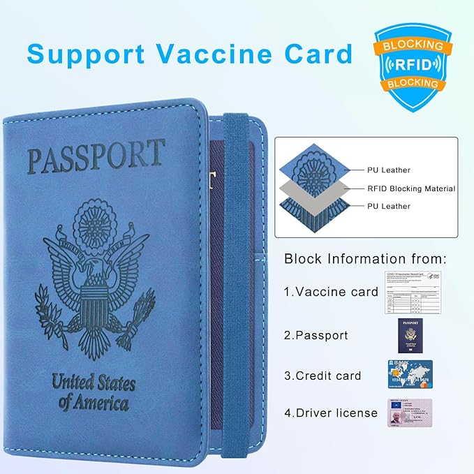 ACdream Passport and Vaccine Card Holder Combo, Cover Case with CDC Vaccination Card Slot, Leather Travel Documents Organizer Protector, with RFID Blocking, for Women and Men, C - Light Blue,