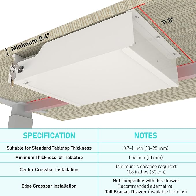 Under Desk Drawer Storage with Lock, Metal Undermount Table Drawer, Ball Bearing Slides Out Tray Organizer for Paper, Pencil, and Laptop 16"x11.8"x3.6", White