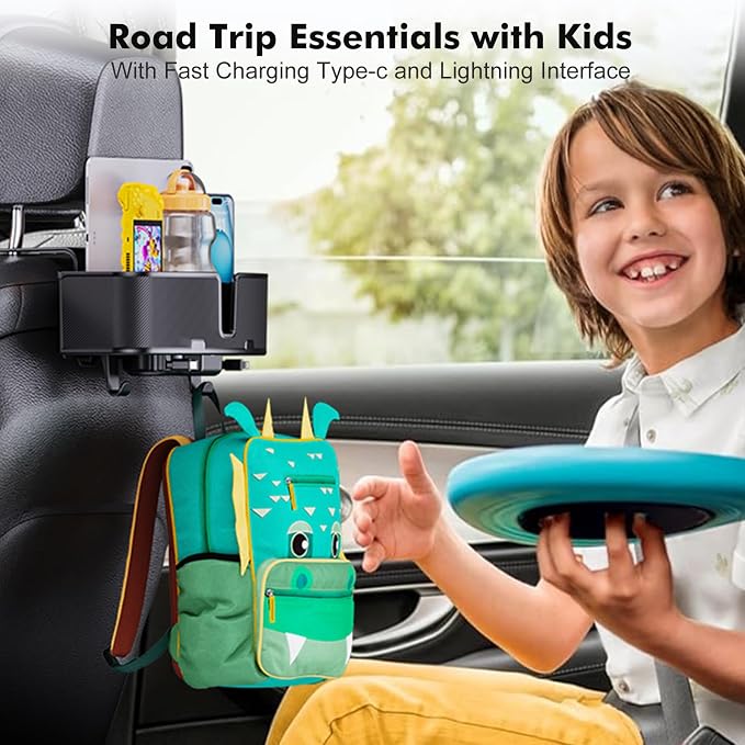 Car Headrest Cup Holder for Back Seat Organizer for Type-c/Lightning Retractable Charging Cables Multi- Hanging Snack Storage Box with Strong Hooks for Kids and Fast Charging for Travel Accessories