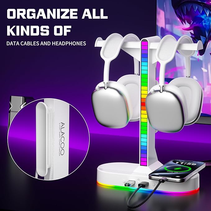 Cool RGB Headphone Stand with Charging Station - Sleek Dual Headset Holder, 3 USB Ports & 3.5mm Audio, 8 Light Modes | Ultimate Gaming Gift for Men, Boyfriend, Teen Boys - Modern White Design