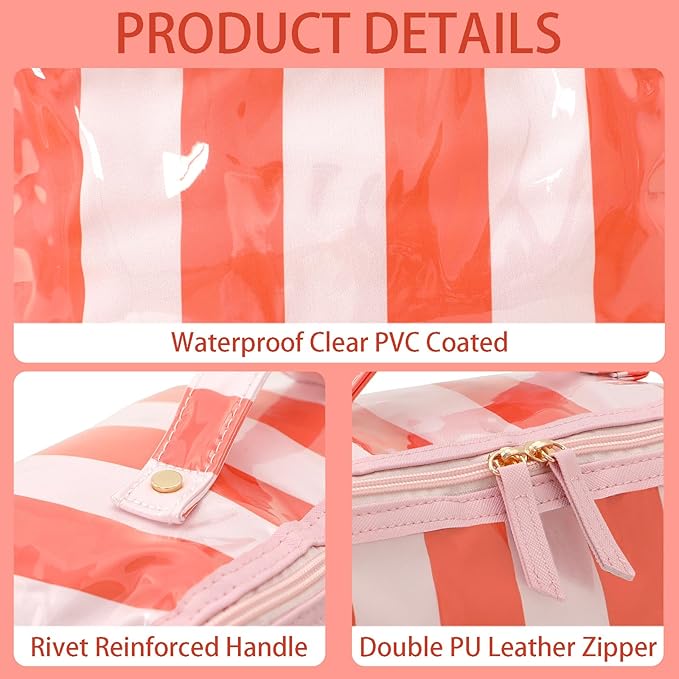 DYSHAYEN Stripe Travel Makeup Bag with Compartments Clear Coated Cosmetic Bag for Women, Waterproof Portable Open Flat Toiletry bag （Pink-Orange）