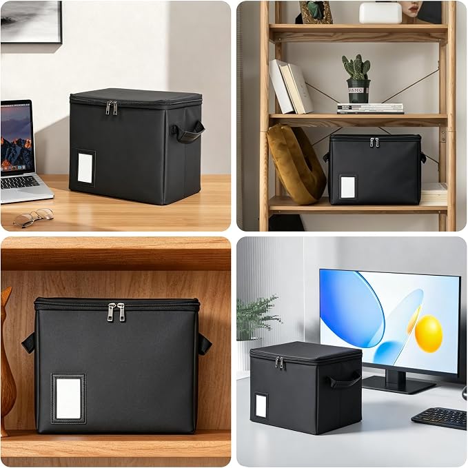 Fireproof File Box with PVC Slides & Dual Zippers, Collapsible Document Organizer Box for Home Office, Fireproof Filing Cabinet Storage Case, Portable File Organizer for Letter A4 Documents, Small