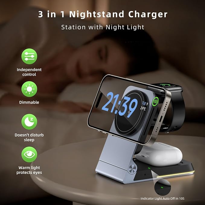 Aluminum 3 in 1 Wireless Charging Station,Foldable Wireless Charger for Apple Magsafe with Light,Portable Travel Magnetic Charger Stand for iPhone 17/16/15/14,Watch,Airpod,with PD 20W Adapter & Case