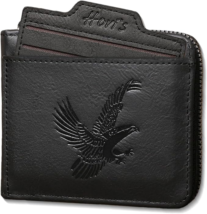 Eagles PU Leather Mens Compact Bifold Wallet, Vintage Zipper Wallet Closure with Detachable Card Case, 2 ID Windows & Snap Coin Pocket for Daily Travel Use