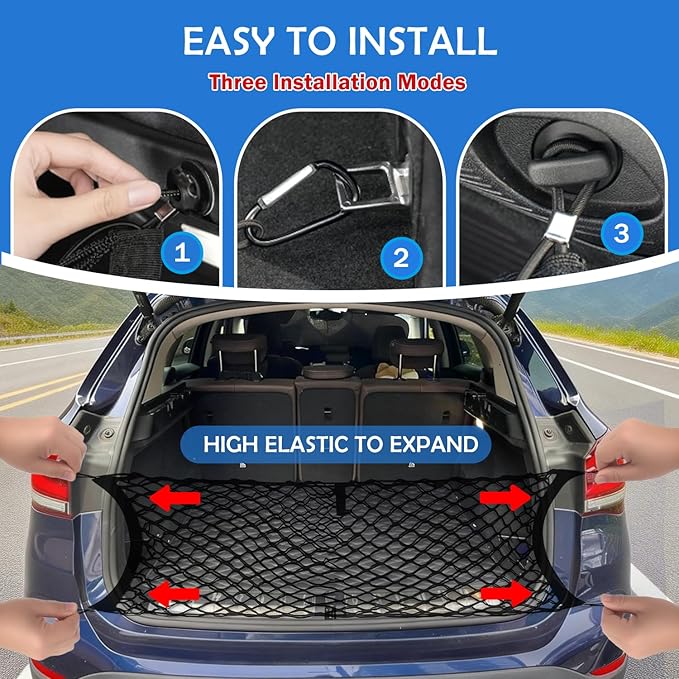 Envelope Style Cargo Net for 2014-2022 2023 Jeep Cherokee Accessories, Rear Trunk SUV Mesh Cargo Net, Upgraded 5mm Bungee & Double-Layer Nylon Storage Tailgate Netting Grocery&Tools Holder Organizer