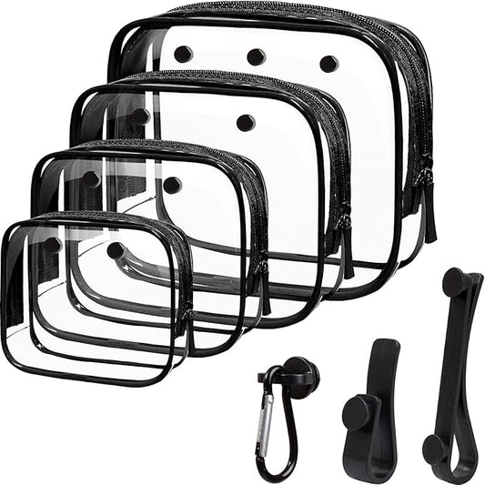 LETGO 4 Pack Clear Toiletry Bags, Portable Travel Makeup Pouch with Zipper, TSA Approved Organizer, Clear Pouch Bags Compatible With Bogg Bag Divider Accessories (Clear Black)