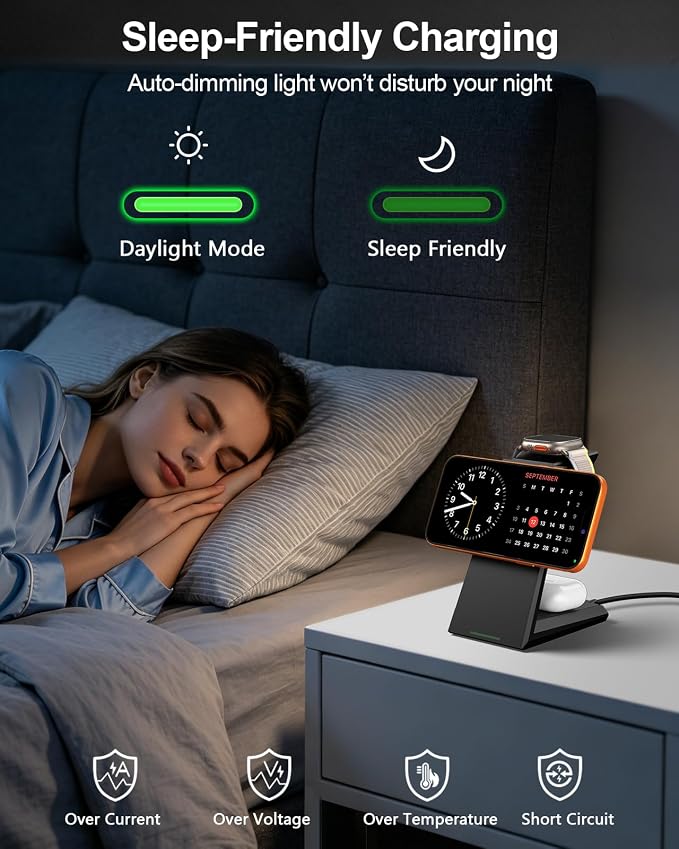3 in 1 Magnetic Wireless Charging Station - 15W Fast Charging for iPhone 17/16/15/14/13/12, Compatible with MagSafe, for Apple Watch & AirPods, Auto-Dimming Light for Nightstand, Includes 30W Adapter