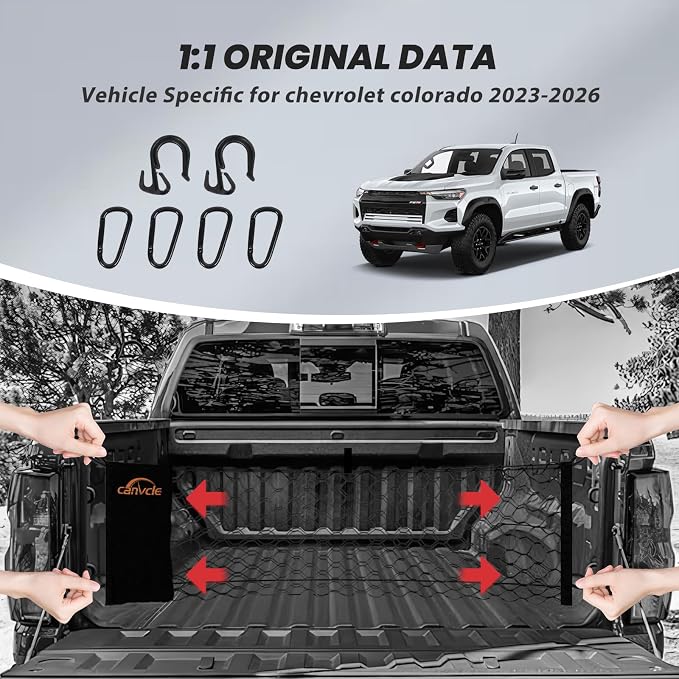 Truck Bed Cargo Net for Chevy Colorado & GMC Canyon 2023-2026, Envelope Style Pickup Truck Bed Net for Chevrolet Colorado Accessories, Upgraded Trunk Cargo Net Storage Bag with Metal Carabiners
