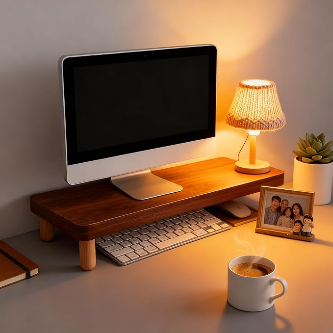 3CM Thick Wooden Monitor Riser Stand - 8CM Beech Wood Legs, Sturdy Ergonomic Desktop Organizer for Office & Home, Reduces Neck & Back Strain