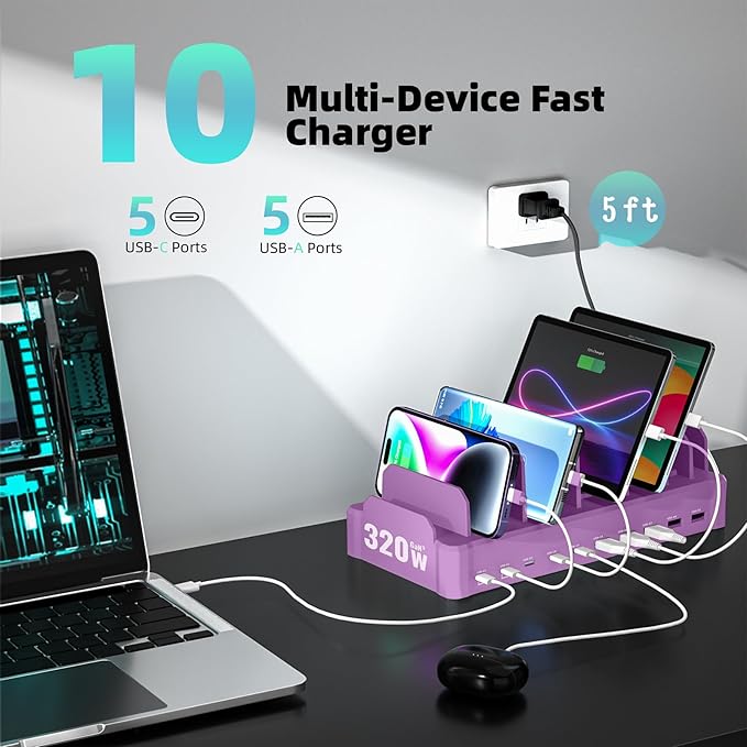 320W Charging Station for Multiple Devices, Zobirez 10-Port USB C Fast Charger Stations for MacBook, iPhone, Android Cell Phone, iPad, Tablet Family Multi-Device Organizer Charging Dock, Purple