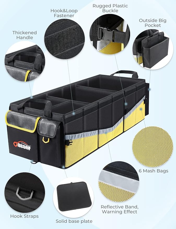 Oasser Trunk Organizer with Cooler Bag 95L, Bearing 110lb No Deformation, Collapsible with Multi Compartments, 20L Removable Insulated Bag, Foldable Lid, Non Slip Bottom, 2 Straps (Black&Yellow)