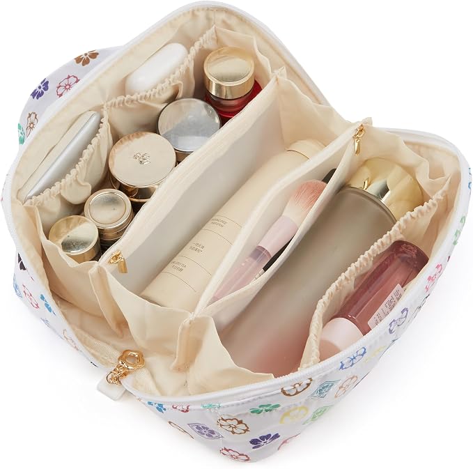 YTL Travel Makeup Bag, Puffer Cosmetic Bag for Women, Waterproof Puffy Padded Make Up Bags, Flat Open Portable Organizer Case Toiletry Bag Pouch Purse for Skincare, Brushes & Travel Essentials